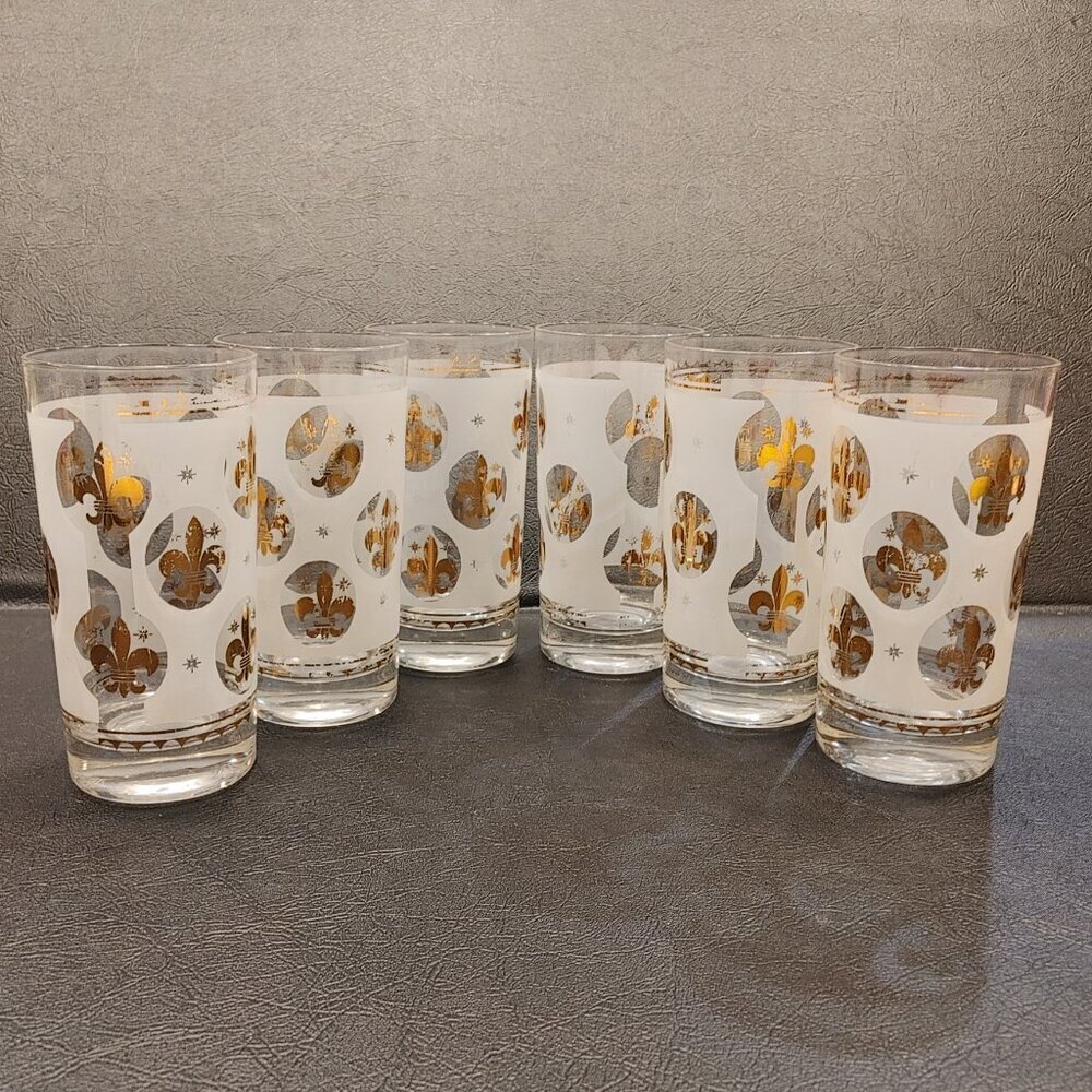 Fleur-de-lis Frosted Gold Rimmed Highball Glasses 1950s
